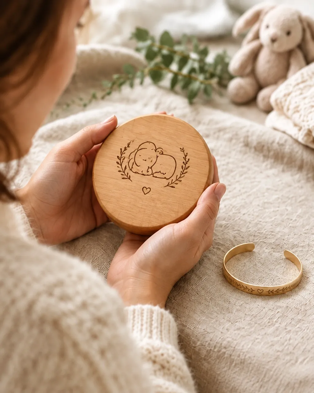 Hands holding a round engraved wooden keepsake beside a bracelet on soft linen